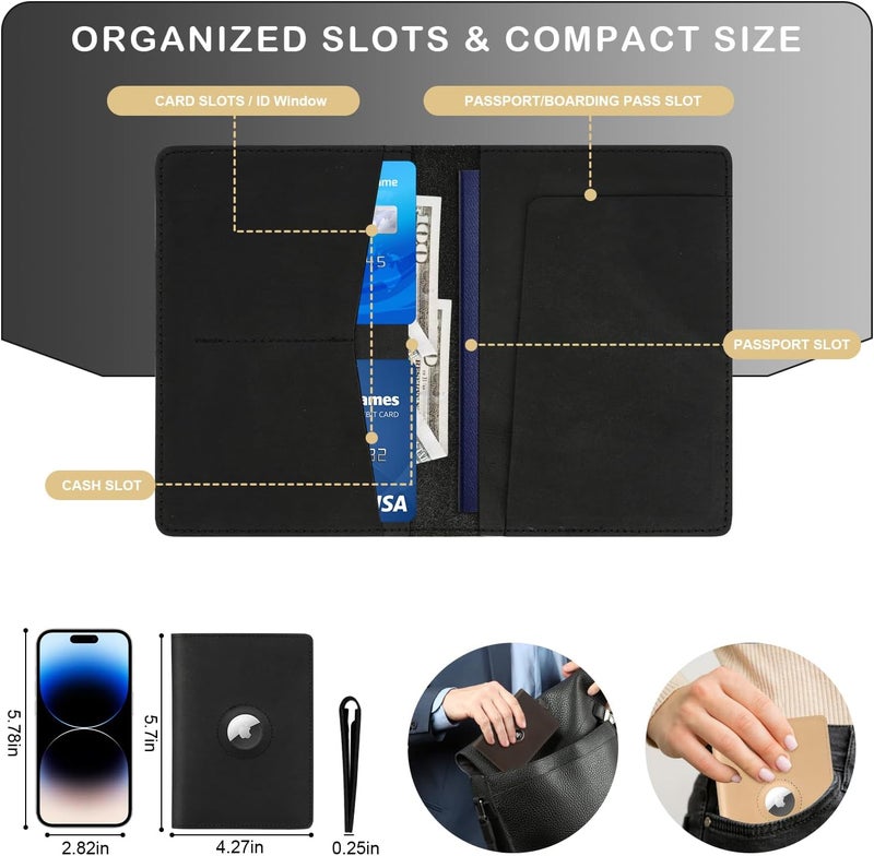 Kicoroiny Airtag Passport Holder for Men and Women Travel, Real Leather Passport Wallet, Handmade Passport Cover Case with Airtag Slot, Travel Must Haves Essentials Accessories Birthday Gifts(Crazy Horse,Black) - Image 5